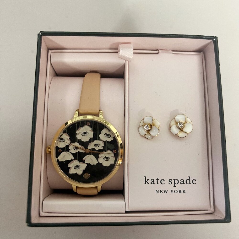 Kate Spade KSW9011B New York Metro Flower Watch and Earring Set- NWT